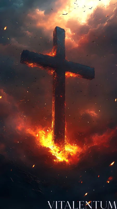 Volumetric-lit molten stone cross emerges from infernal ground