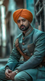 Turbaned gentleman in teal attire on blurred old street.