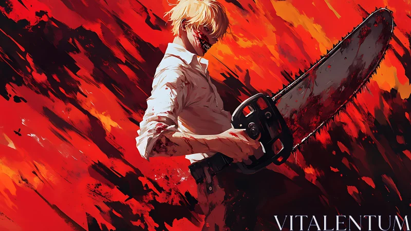 Chainsaw warrior erupts from a storm of molten scarlet fury.