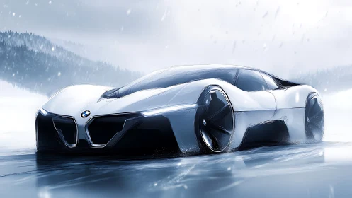 Aerodynamic BMW concept coupe sketched in frozen alpine haze.