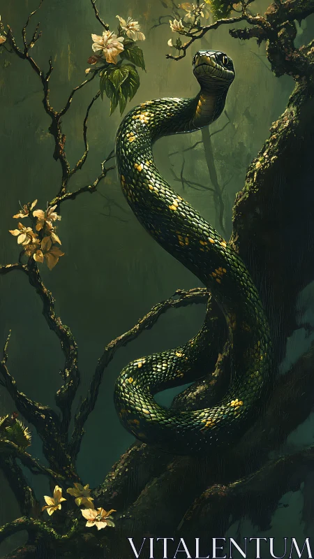 Serpentine arboreal predator coiled amid florid forest canopy.