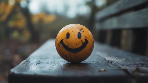 Weathered yellow smile ball on wet wooden park bench. Period.