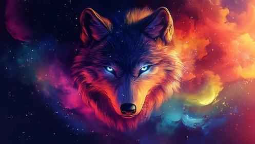 Nebula-eyed cosmic wolf drifting through prismatic starlight.