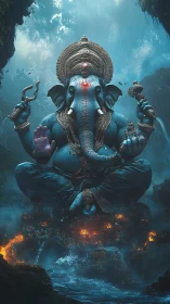 Colossal blue Ganesha deity levitates above burning coastal city