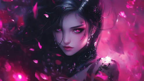 Luminescent anime sorceress framed by swirling magenta petals