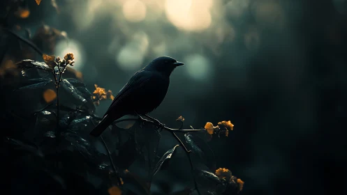 Moody silhouette of a bird perched on a branch in soft evening light.