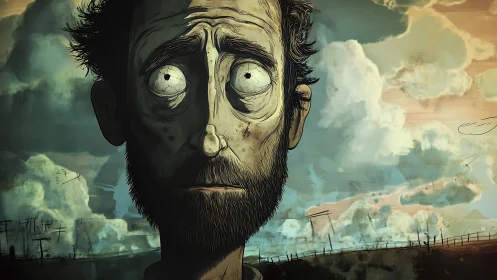 Worried bearded man in surreal cloudy rural landscape.