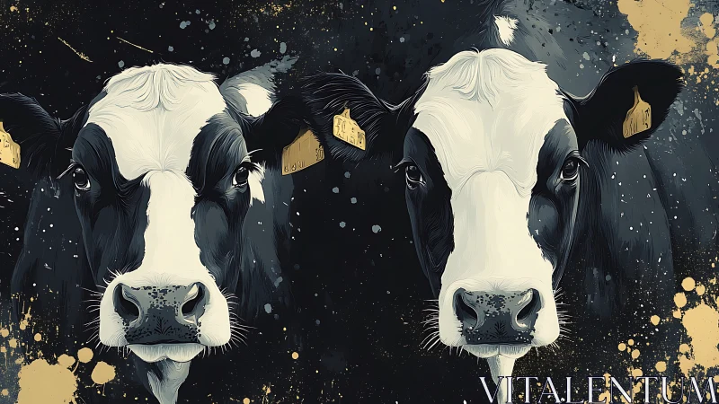 Twin Holstein cow portraits with dark abstract backdrop.