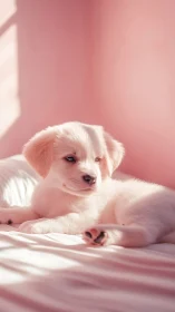 Cream puppy reclining on pastel bed in soft window light.