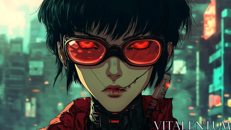 Cybernetic figure with red visor in neon urban environment.