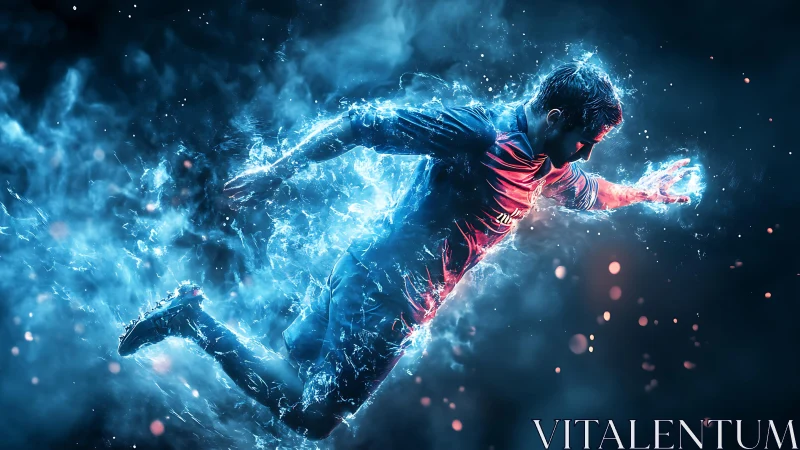 Electric sprinting footballer amid explosive neon energy field.