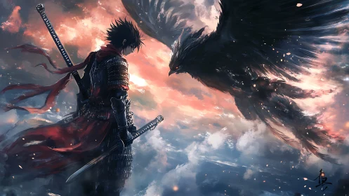 Digital painting of armored swordsman confronting storm-born raven spirit.