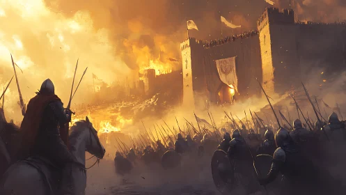 Medieval cavalry leading siege on burning fortress at dusk