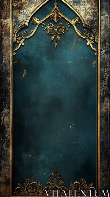 Ornate teal archway frame evokes opulent vintage grandeur