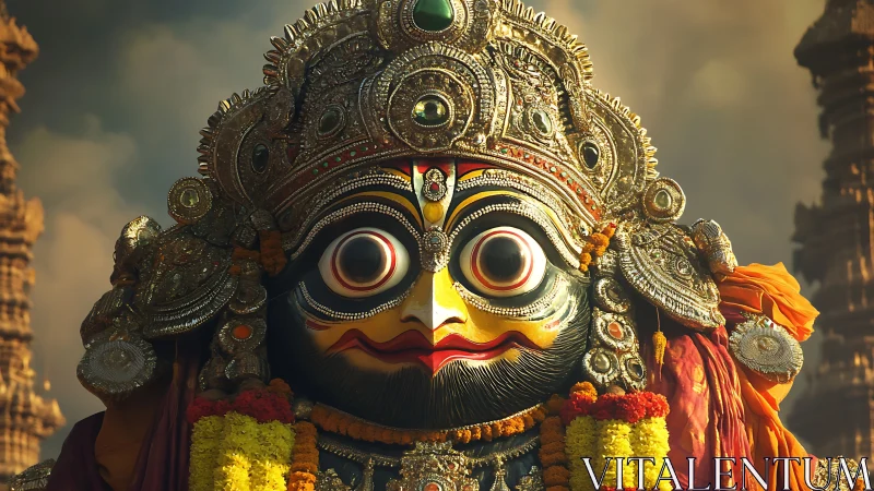 Photorealistic deity mask portrait with ornate temple backdrop.