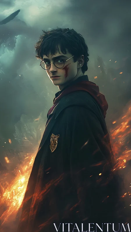 Young wizard stands defiant amid swirling fire and smoke