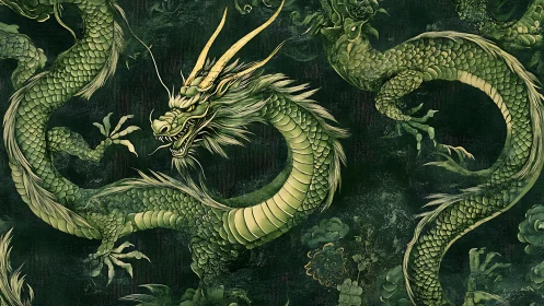 Ornate Emerald Dragon Scroll in Dynamic Lateral Composition.