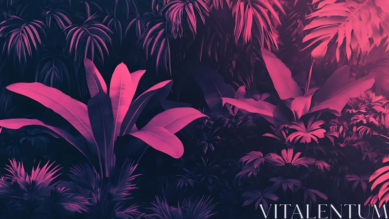 Neon jungle leaves glow in electric twilight hush.