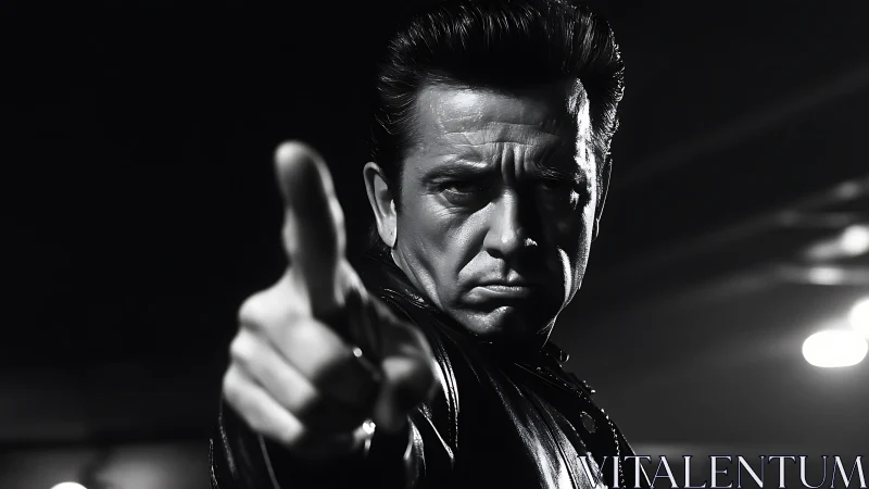 Serious man in leather jacket pointing toward camera.