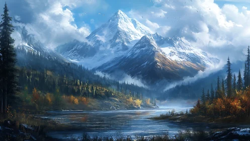 Snow covered mountain range above forested alpine lake.