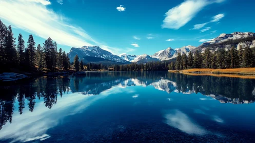 Snowcapped mountain range reflected in tranquil alpine lake