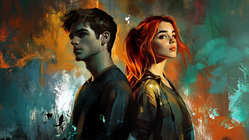 Dual portrait of young pair against teal orange abstract field