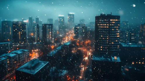 Cinematic winter cityscape with luminous boulevard axis at dusk.