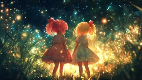 Two girls stand in glowing grass under dense starry sky