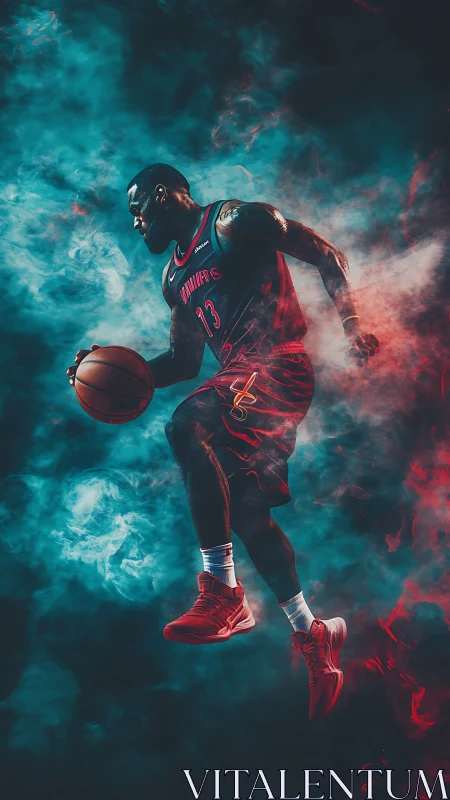 Dynamic basketball hero soaring through glowing neon mist.