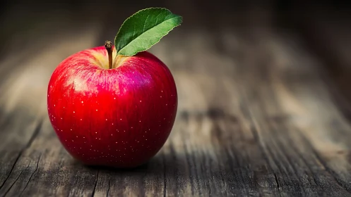 Single red apple rests on rustic wood in shallow focus