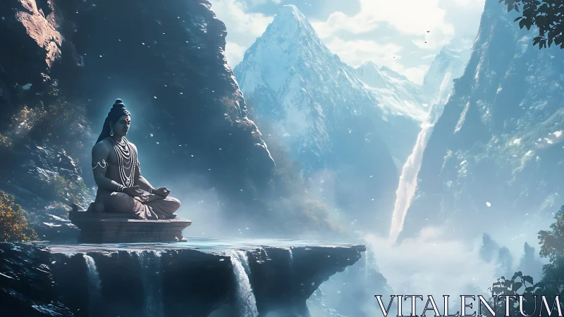 Stone deity statue above waterfall in misty mountain valley.