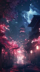 Neon lit cherry blossom street toward distant pagoda at night.