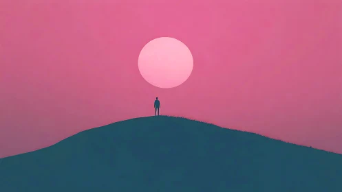 Silhouette figure stands on hill beneath large pink sun