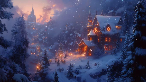 Snow-laden alpine village glows with warm volumetric lighting at dusk