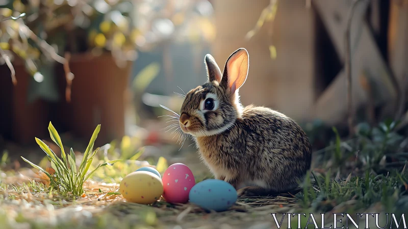 Sunlit garden bunny guarding a handful of pastel eggs.