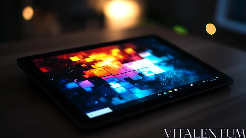 Glowing tablet display with abstract pixel light mosaic.