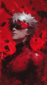 Digital painting portrait of masked cyber-hero in scarlet field.