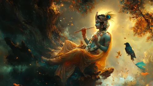 Divine blue-hued flutist rests in glowing celestial grove.