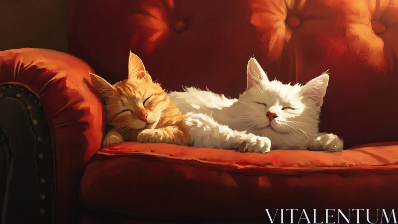 Two Contented Cats Relaxing on Crimson Sofa.
