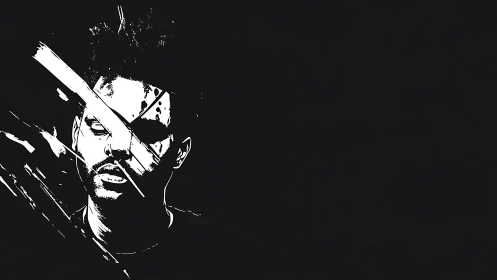 Monochrome portrait silhouette is intersected by diagonal streaks