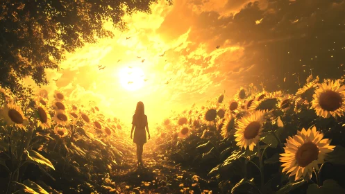 Girl walks through glowing sunflower field at sunset.
