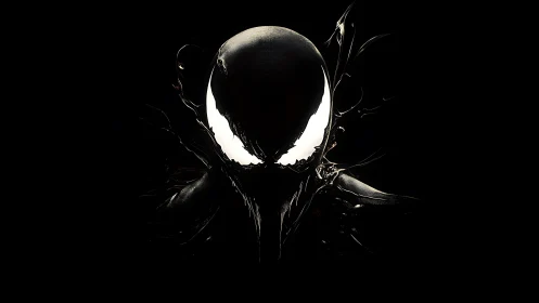 Dark humanoid head silhouette emerges from black background