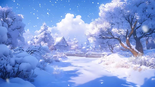 High-latitude cottage in luminant winter snowfield atmosphere.