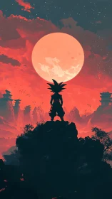 Silhouetted figure on peak before large red lunar disc.