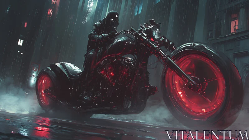 Night rider powers through neon rain on a red-lit bike
