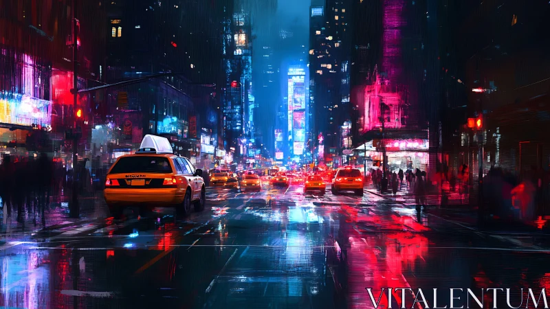 Neon-soaked taxis glide through a rainy cyberpunk avenue.