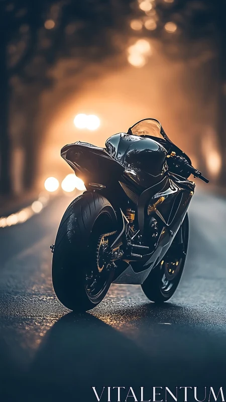 Midnight sport bike waits on a glowing city street