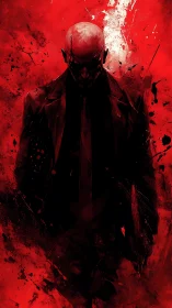 Silent figure in crimson storm, wrapped in shadowed calm.