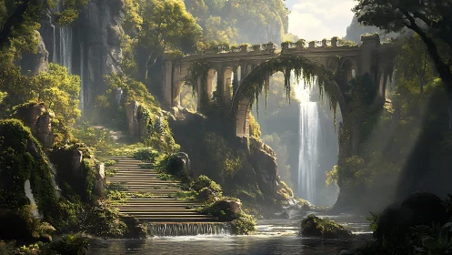 Architectural ruin bridge over bifurcated waterfall gorge.