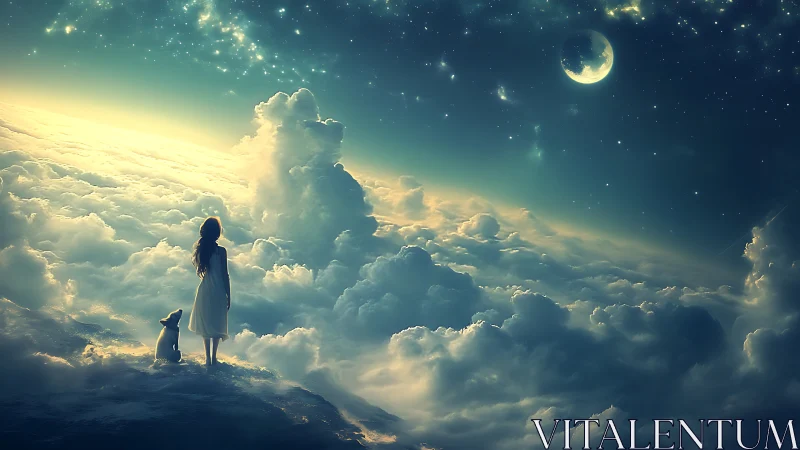 Girl and dog drift above moonlit clouds in lucid dreams.